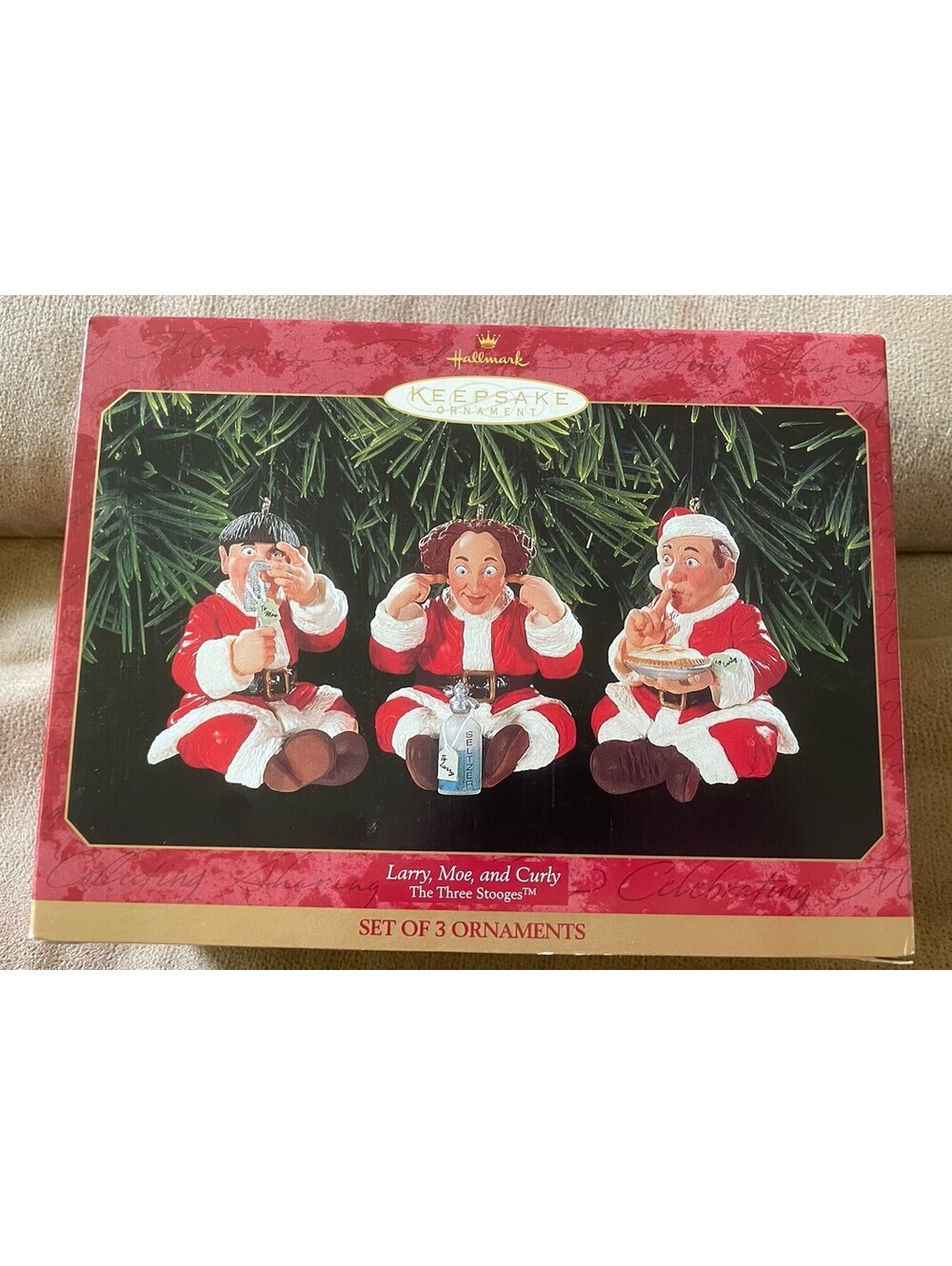 1999 Halmark Keepsake Three Stooges Christmas Ornaments - NEW - Moe Curly Larry